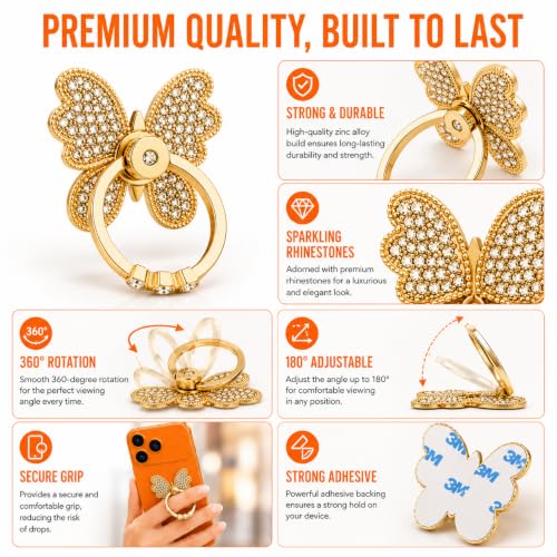 Image of Mizi Butterfly Phone Ring Holder, 2 Pack Luxury Rhinestone Finger Ring Stand Grip, 360 Rotating & 180 Adjustable Metal Kickstand, Strong Adhesive for iPhone, Samsung & All Smartphones - Silver