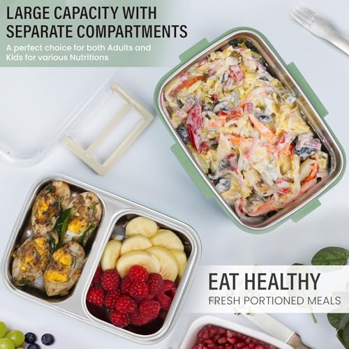 Image of ABOUT SPACE Lunch Box - 2 Tier Compartment 1200ml Insulated Tiffin Box with Silicon Gaskets Lid, No Leak-Proof Diet Food Partition Stainless Steel Bento Box for Men,Women,Kids - Green