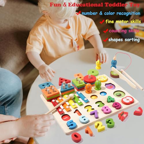 Image of Montessori Wooden Toys for Kids Toddlers Fishing Game Number Puzzles Shape Sorter Stacking Toy Wood Xylophone Cutting Fruit Color Matching Games Preschool Educational Fine Motor Skills Toy ( 5-in-1 )