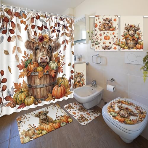 Nuanchu 6 Pcs Fall Highland Cow Shower Curtain Set with Rug Cow Pumpkin Bathroom Sets with Shower Curtain Bath Mat U Shaped Mat Toilet Lid Cover 2 Bath Towels and 12 Hooks Autumn Bathroom Decor