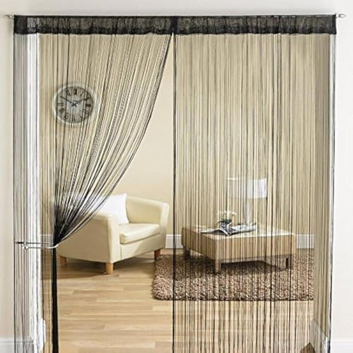 Exporthub Polyester Blend Door Threads String Rod Pocket Solid Sheer Curtain, 7Ft, Black, Pack of 2