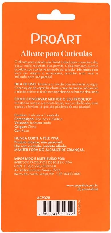 Alicate para Cutículas Proart lilás com espátula e alavanca de ajuste em embalagem colorida.