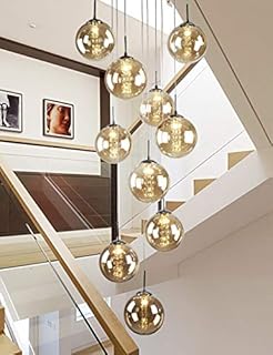 10 Glass Balls Staircase Chandelier Long Pendant Light Duplex Building Large Chandelier Living Room Villa Hollow Modern Minimalist Staircase Lamp 40x200cm (color : Champagne)