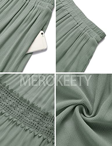MEROKEETY Women's Boho Elastic High Waist Pleated A-line Ruffle Lace Trim Tiered Midi Maxi Skirt with Pockets - Image 7