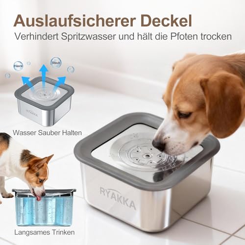RYAKKA 3L Wassernapf Hund Ohne Sabbern, 304-Edelstahl Trinknapf Hund Anti Schlabber mit Rutschfester Basis, Auslaufsicherer Hundenapf mit Silikonrand und Schwimmende Scheibe, Spülmaschinenfest