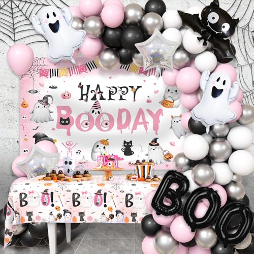 AIBIIN 113pcs Pink Black Halloween Birthday Party Decorations Halloween Happy Boo Day Party Kit With Happy Booday Banner Little Boo Balloon Garland Kit Ghost Birthday Party Tablecloth