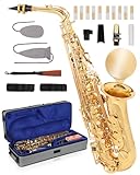 AKLOT Handcrafted E-Flat Alto Saxophone: Gold Brass Body with Clear, Balanced Tone, Secure Air Seal, Durable 23-Key System, Includes Stylish Case, Saxophone Cleaning Kit, Reeds & Gloves (BL-SF)