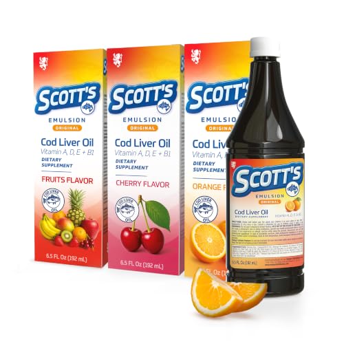 SCOTTS EMULSION Cod Liver Oil for Kids Orange Fruits & Cherry Flavors Fish Oil for Kids with Omega 3 Vitamins A D E & B1 Cod Liver Oil Liquid 3-Pack 6.5 Fl Oz Each