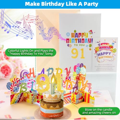 Image of 91st Pop-Up Musical Birthday Card, Blowable LED Candle for Women and Men