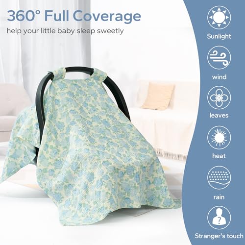 Image of SERAPHY 100% Muslin Cotton Car Seat Cover Baby, 2 Pack Universal Carseat Covers Baby Boy Girl, Breathable Car Seat Canopy, Soft Infant Car Seat Cover for Summer and Winter-2 Pcs Blue&Flowers