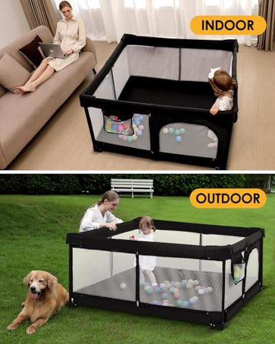 Image of Veraste Foldable Baby Playpen, 51 inchx51 inch Indoor & Outdoor Play Yard with Single-Joint Frame, Breathable Mesh, Non-Slip Base, Portable Playpen for Toddlers and Infants (Black)