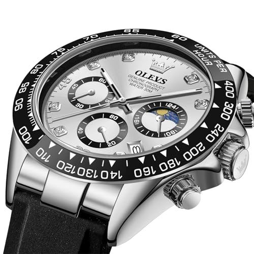 Image of OLEVS Watches for Men Business Diamond Moon Phase Male Watch Chronograph Fashion Dress Waterproof Date Analog Quartz Waterproof SiliconeMen Wrist Watch