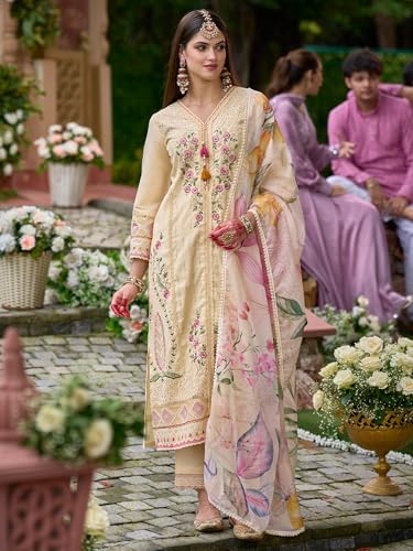 Image of INDO ERA Women's Off White Silk Blend Embroidered Straight Kurta Pant And Dupatta Set (IEOUT6962)
