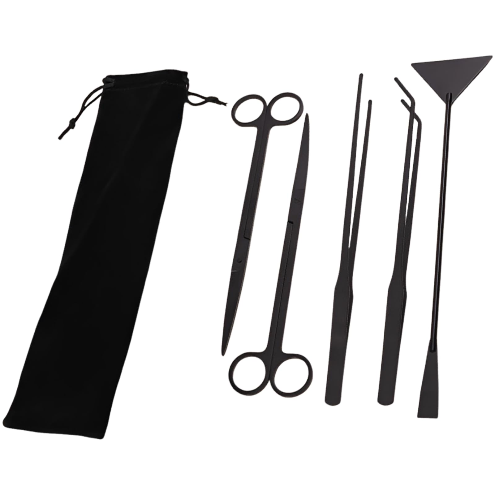 5 TLG. Aquarium Werkzeug Set, Schwarze Lange Edelstahl Werkzeuge für Wasserpflanzen, mit Flacher Sandschaufel, gerader und gebogener Pinzette, Schere, rostresistentes Aquascaping Set