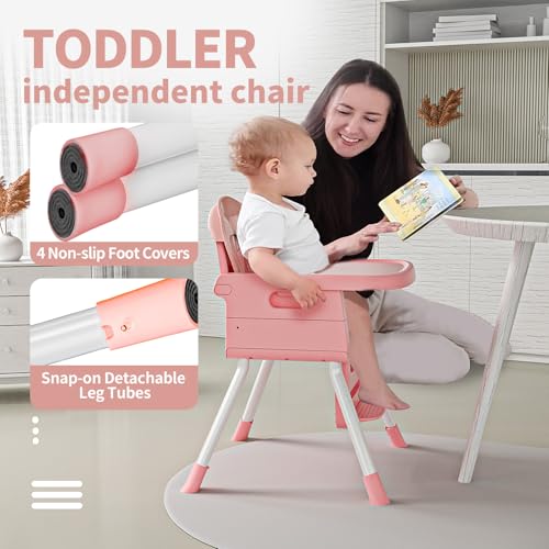 Image of Portable High Chairs for Babies and Toddlers, Convertible Baby Feeding Chair with Tray, Easy Clean High Chair for Toddler with Foot Rest, Infant Highchairs & Booster Seats with Cushion Pink