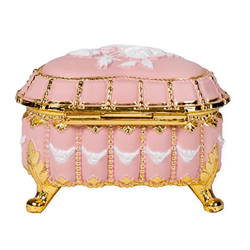 Matte Pink Heart Shaped Jeweled Gold Tone Metal Music Box Plays 18th Variation - Thumbnail 6