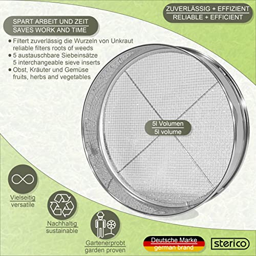 Siebmeister 5000, 5in1 Gartensieb, 5 austauschbare Siebeinsätze Ø 3,5,8,10,12 mm fein, für Erde, Steine, Kompost, Unkraut, Sand, Schotter und Saatgut, 30 cm rund, Metall, rostgeschützt