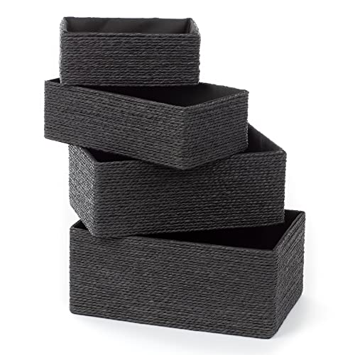 LIVIVO 4pc Black Woven Storage Basket Set – Multipurpose Stackable Rope Bins for Kitchen, Bathroom, Bedroom, Wardrobe, Desk, Drawer, Closet, Makeup & Home Office Organisation
