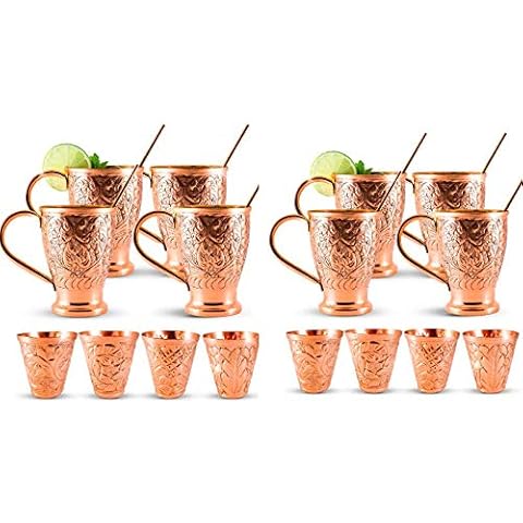 Kamojo Moscow Mule Copper Mugs Party Pack. 8 Embossed Copper Mugs, Matching Shot Glasses (8) & Straws (8) Exclusive Cover