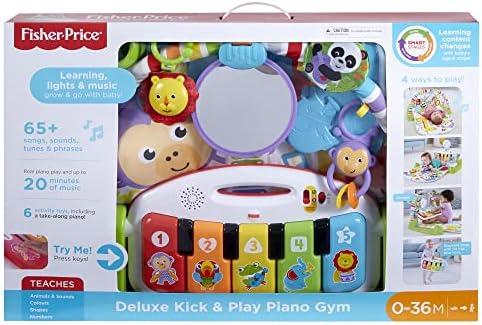 Fisher-Price Deluxe Kick & Play Piano Gym - UK English Edition, baby activity playmat with toy piano, lights, music and learning content