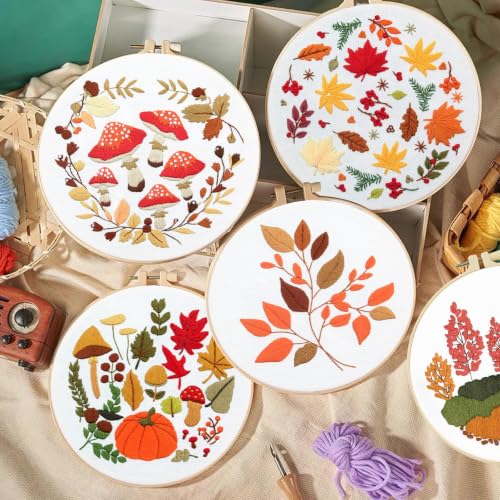 Image of 5 Sets Fall Embroidery Kit for Beginners Adults Embroidery Starter Kit Mushroom Maple Leaf Autumn Cross Stitch Kits Embroiderys Needlepoint Kits Include Instruction 2 Hoops Color Threads Needles