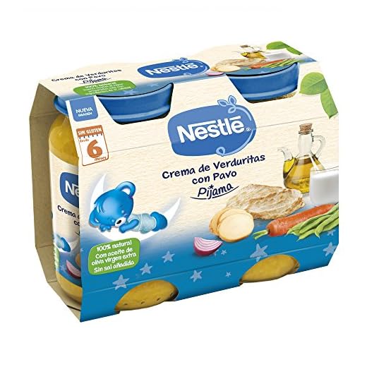 Nestlé Purés Pijama, Tarrito de puré de verduras y carne, variedad Crema de verduritas con Pavo, para bebés a partir de 6 meses - Tarritos 2 x 200 gr