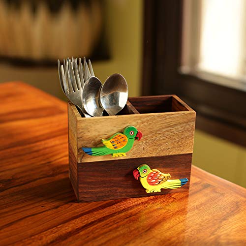 Image of ExclusiveLane 'Birds of A Feather' Cutlery Cum Napkin Holder in Sheesham & Mango Wood - Wooden Cultery Stand Holder Racks for Kitchen Storage & Containers Cutlery Sets Cutlery Holder