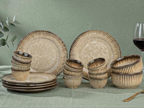 Image of Bodhi House Premium 20-Piece Stoneware Dinner Set Serving for 6 - Handcrafted Ceramic Plates, Bowls & Serving Bowls | Microwave & Dishwasher Safe | Elegant Modern Tableware Crockery Rustic Sand Beige