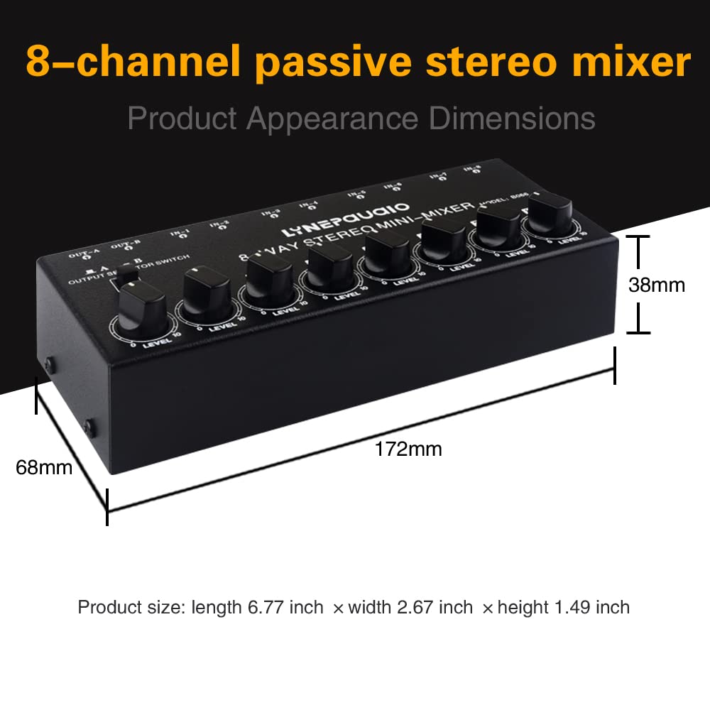 Btuty DJ Mixer Stereo 8 Kanal Passive Mixer RCA Portable Audio Mixer 8 In 2 Out Stereo Distributor Volume Control Keine externe Stromversorgung erforderlich