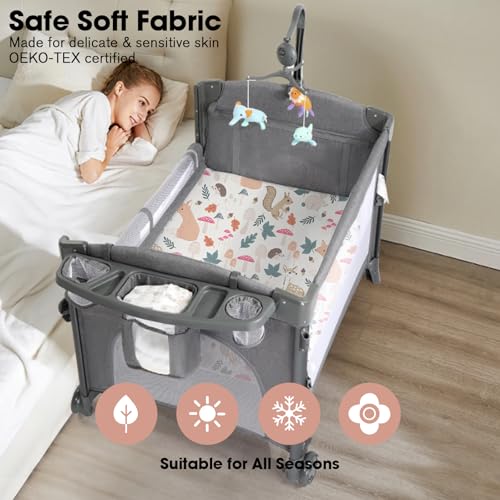 Image of Bimocosy Pack and Play Sheets Fitted 4 Pack, 38 x 26 Inch Pack n Play Mini Crib Sheets for Boys and Girls, Soft Stretchy Playard Mattress Sheets for Graco Pack n Play, Forest Friends