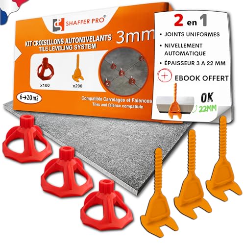 Croisillons carrelage autonivelant 3 mm | 200 clips + 100 cadrans réutilisables | 3-22 mm I...