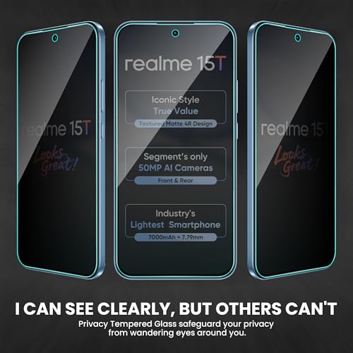 Image of FIRST MART Privacy Anti-Spy Tempered Glass for Realme 15T, Narzo 90 and Realme 16 (6.57 Inch) With Installation Kit | Military-Grade Gorilla Screen Protector & Cable Guard | Edge to Edge Coverage | Black