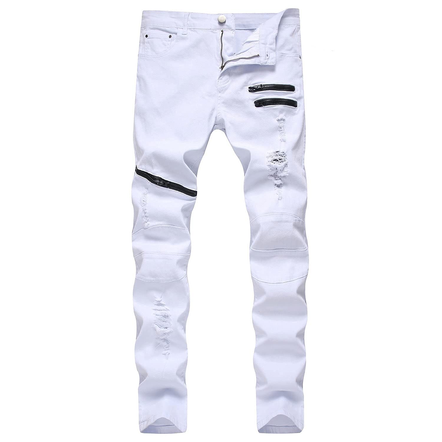 XUEBIN Men's Ripped Skinny Distressed Zipper Jeans Slim Fit Straight Biker Pants Stretchy Jegging Denim Boy Trousers Slim Fit Jeans mens jeans (Color : White, Size : M)