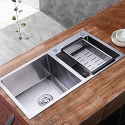 Fregadero Doble Con Escurridor banborba Fregadero doble empotrable de acero inoxidable con escurridor, escurridor y filtro de residuos, para cocina, bar, restaurante, pastelería, sala limpia, 78 x 43 x 21 cm, color plateado