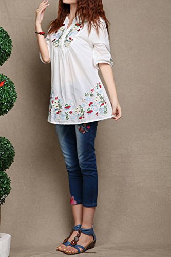 Asher Embroidered Peasant Dressy Tops 3/4 Sleeve Mexican Blouse (One Size, White) #TOP1