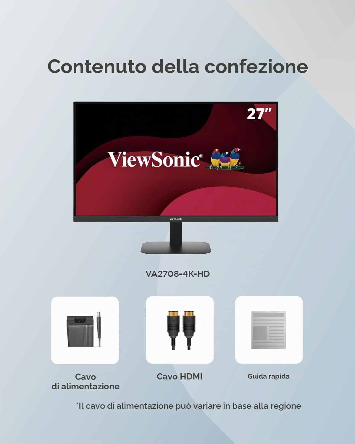 ViewSonic VA2708-4K-HD PC Monitor 27 Pollici 4K UHD 3840 x 2160, IPS, 104% sRGB, 60Hz, HDR10, Senza cornice, Nessuno sfarfallio, 2 x HDMI 2.0, DP, Garanzia di 2 anni
