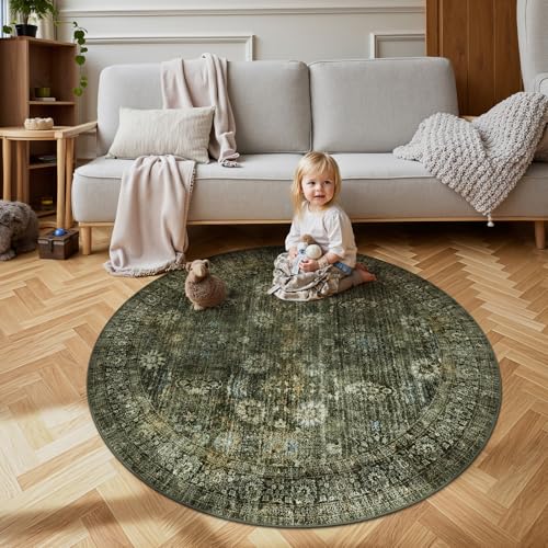 Tapete redondo Zealude 5 ft verde boho lavable miniatura 3