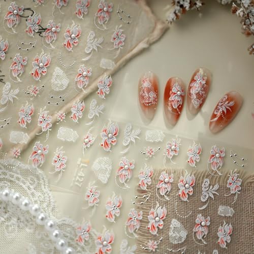 Image of Flower Nail Stickers White Floral Nail Art Stickers with Pearl Design 5D Embossed Self Adhesive Nails Decals Charms for Women Manicure Decoration Acessories 1 Sheets