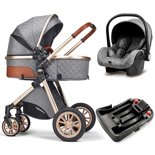 Image of 3 in 1 Baby Travel System Infant Baby Stroller Pushchair High Landscape Reversible Foldable Portable Stroller Newborn Pram Reclining Baby Carriage (with Base Gray)