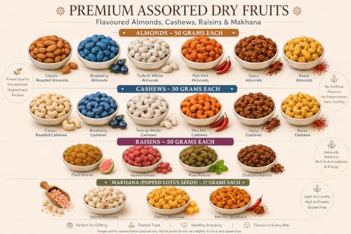 Image of Surprise in a Box Raksha Bandhan Premium Dry Fruit Hamper Gift Box with Rakhi, Roli Chawal & Greeting Card | 4 Gourmet Tins | Flavoured Cashew, Nutties coated Almond, Flavoured Raisin & Flavoured Makhana | Festive Gift for Brother