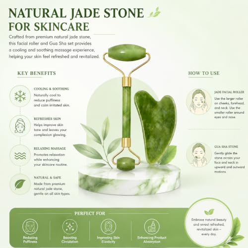Image of ANTIL'S Jade Roller and Gua Sha Stone Set - Face Massage Roller for Skin Tightening, Puffiness Reduction & Wrinkle Care | Improves Elasticity | Beauty Tool for Women & Men
