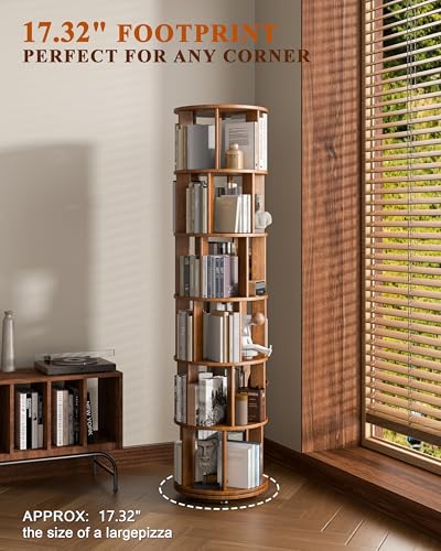 Image of IUNVR 6 Tier Rotating Bookshelf Tower Spinning Bookshelf with Swivel Wheels Book Shelf Rotating Storage Tower for Kids Adult, Narrow Solid Wood Revolving Bookcase Organizer for Bedroom Living Room