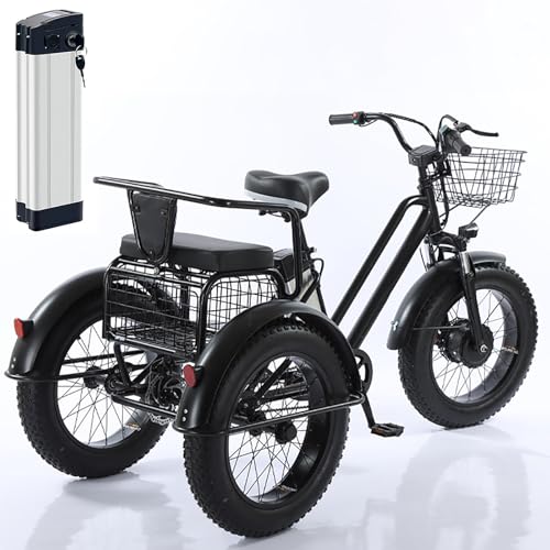 ASnwpaK Bicicletta Elettrica Per Adulti Da 20', Mountain Bike Con Pneumatici Fat, Autonomia: 35 Km, Con Batteria Rimovibile + Sedile Posteriore, Triciclo Con Cestino A Pedali