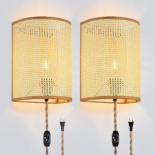 Xininsun 000 Wall Sconces Set Of Two,Plug In Wall Sconces,Rattan Lampshade,Wall Lamp cover