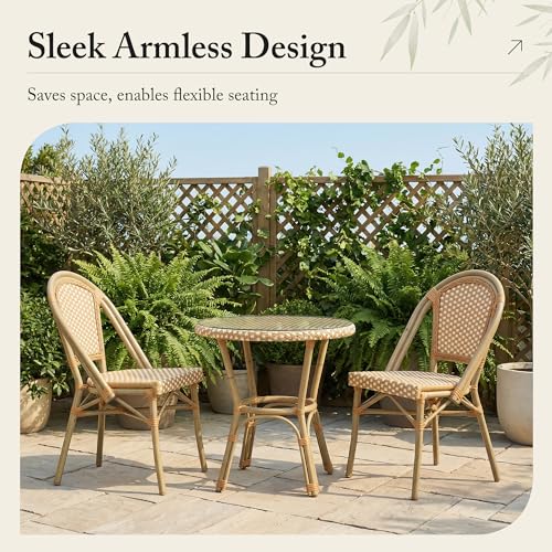 Image of PURPLE LEAF Outdoor Dining Chair Set of 2 Patio French Aluminium Frame in Bamboo Finish with Amber & White Woven Rattan for Indoor Kitchen Deck Bistros Cafe Restaurant