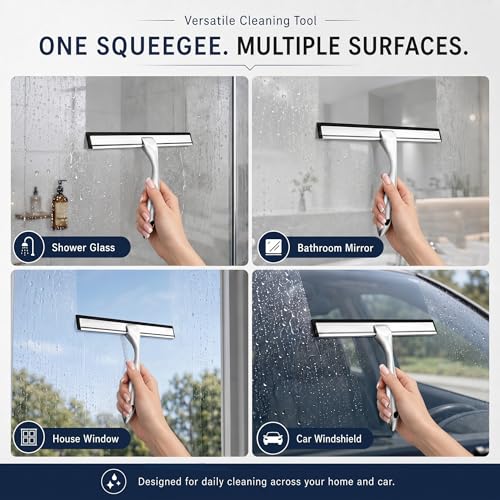 Image of Shower Squeegee for Glass Doors, Stainless Steel Bathroom Squeegee with 3 Kinds of Waterproof Adhesive Hooks, 10 Inch Window Mirror Tile Wall Car Glass Cleaner Tool, Streak-Free Silicone Blade