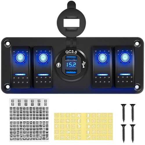 NORTHYUN 4 Gang Rocker Switch Panel 12V/24V with QC3.0 USB Charger Voltmeter Pre-Wired Switch Panel Waterproof Aluminum with 132 PCS Night Glow Stickers for Boat Yacht RV UTV