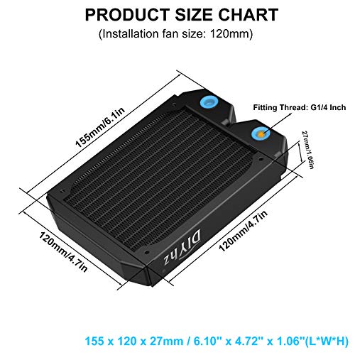 DIYhz Water Cooling Computer Radiator, 12 Pipe Thick Copper Heat Exchanger Liquid Cooling Radiator G1/4 Thread Heat Row Sink 120mm for CPU PC Laser Water Cool System DC12V Black