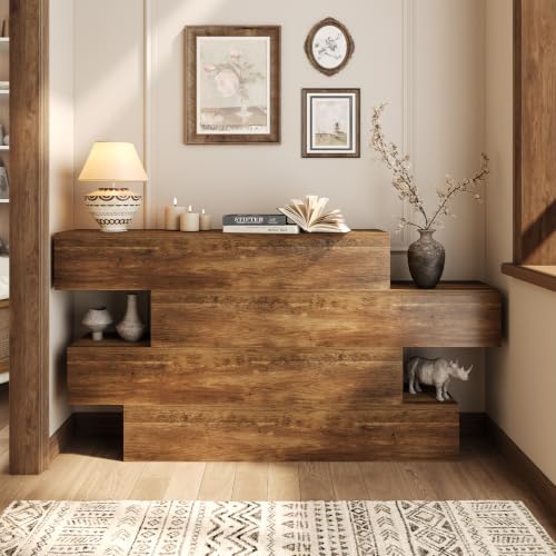 Image of knoworld 63-inches Console Table for Entryway, Farmhouse Entry Table with 4-Tier Storage Shelves, Wooden Sofa Table Behind Couch, Rustic Foyer Table Hallway Table for Living Room, Unique Design