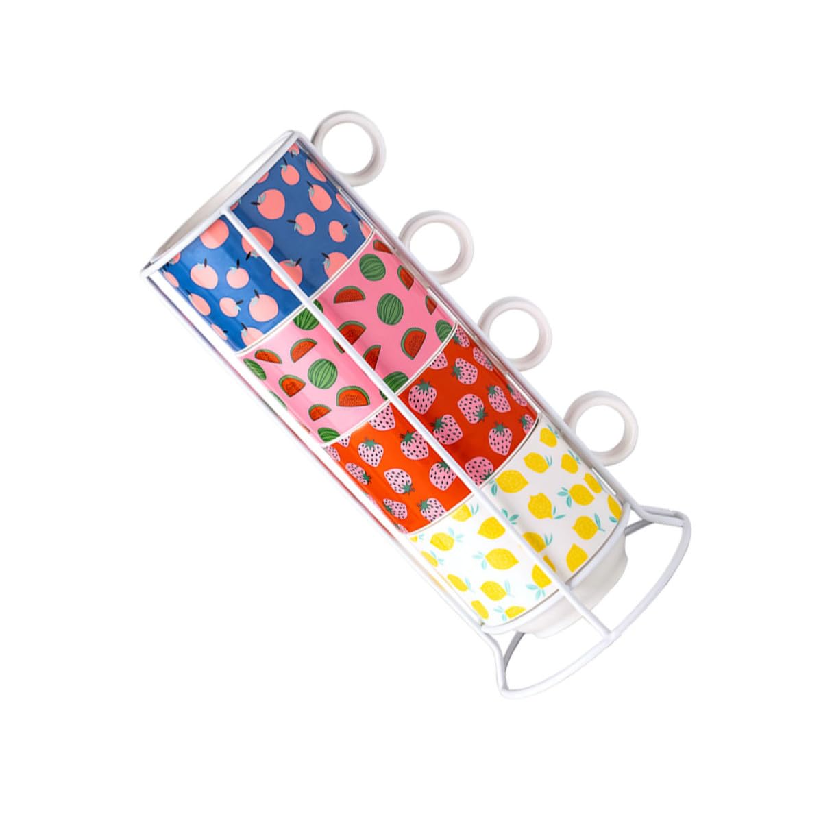SHOWERORO Set di 4 Tazze Salvaspazio Impilabili in Ceramica da 200ml Supporto in Ferro per Casa e Ufficio